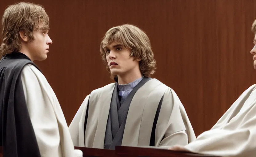 Image similar to anakin skywalker in jedi robes talking to saul goodman in a suit in court, us court, better call saul scene 1 0 8 0 p, court session images, realistic faces