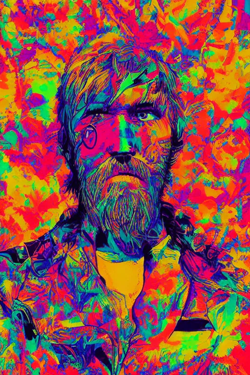 Image similar to inspirational style hope poster of bo burnham with beard, psychedelic colors, highly detailed, realistic, loving by yoji shinkawa