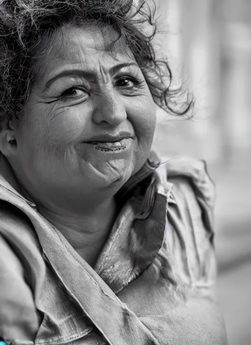 Image similar to Mid-shot portrait of beautiful Spanish 50-year-old woman model, chubby, with lovely look, happy, candid street portrait in the style of Martin Schoeller award winning, Sony a7R