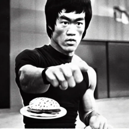 Prompt: a photo of bruce lee eating an hamburger