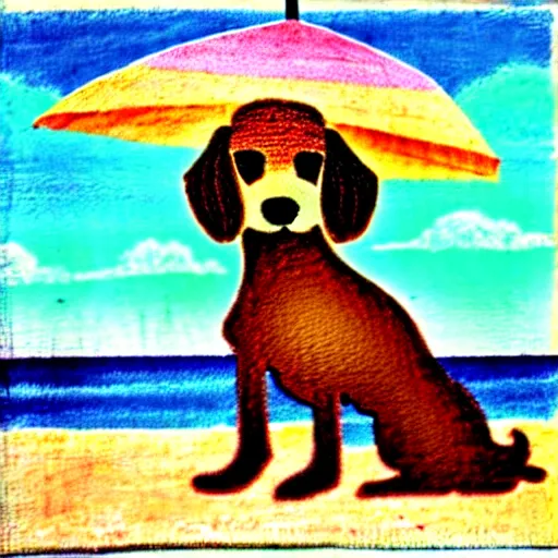 Image similar to cute brown spaniel by the seaside, parasols, bright towels, geometric, pop, sketch, artwork