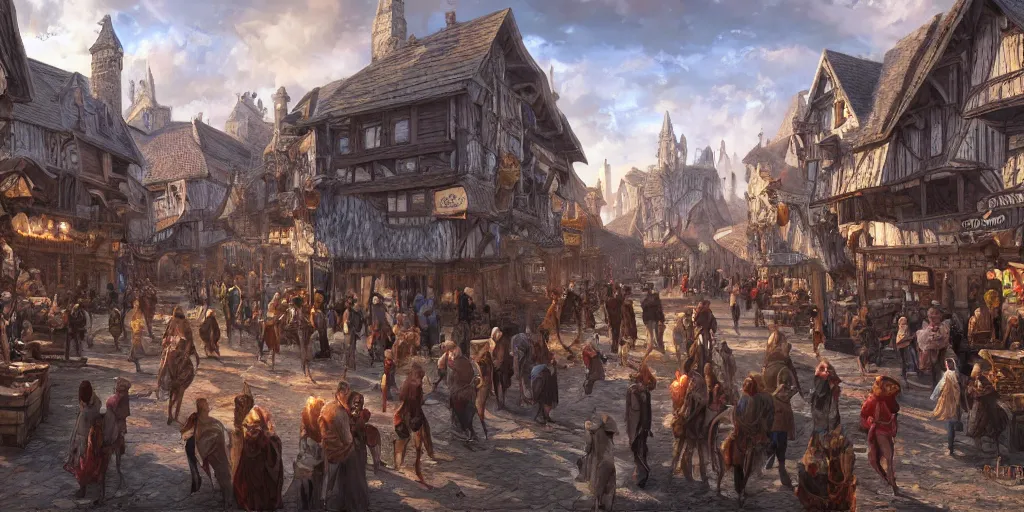 Prompt: a busy marketplace full of merchants in an old medieval town, fantasy apocalypse, digital art, 4 k,