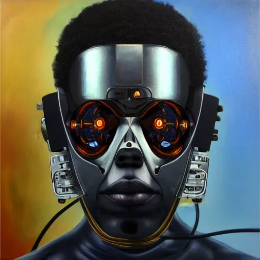 Image similar to a realistic oil painting of a black man as a cybernetic cyborg, surrealism portrait, surrealism album cover