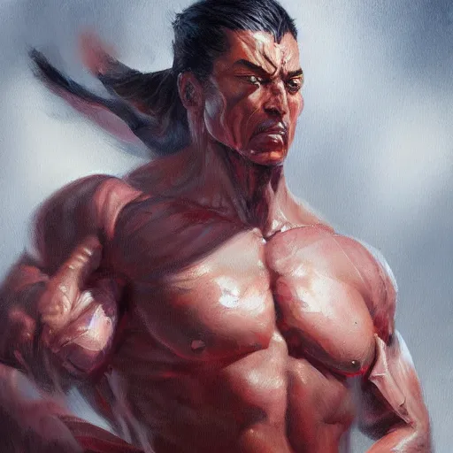 Prompt: A detailed oil painting of a muscular martial artist by greg rutkowski and artgerm, trending on artstation, dungeons and dragons art
