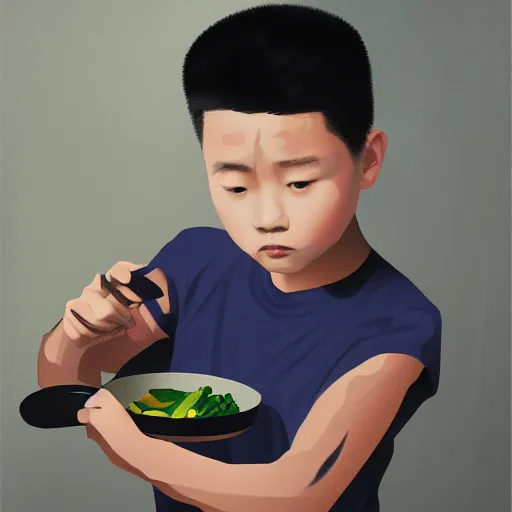 Prompt: dramatic portrait of chinese boy buzz cut, holding a cooking pan, digital painting