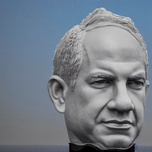 Image similar to a giant benjamin netanyahu head sculpture in the sea made out of jelly, long shot, hyper detailed, hyper realistic, ray tracing, 8 k resolution, sharp focus, realistic water, award winning