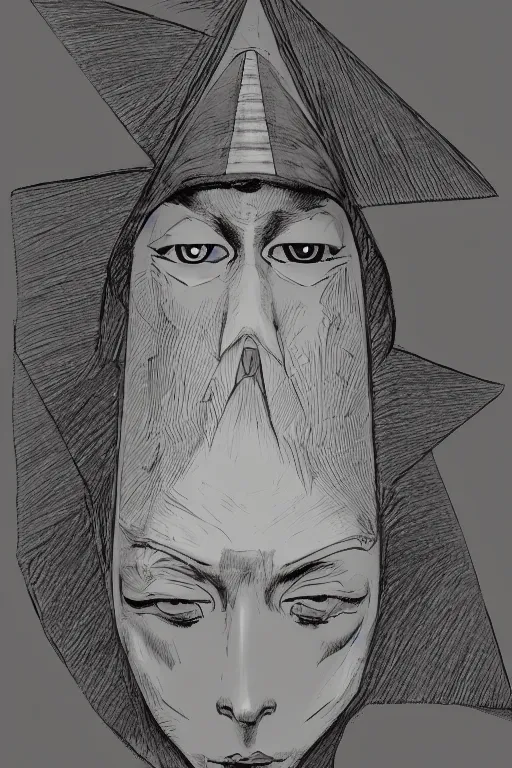 Image similar to portrait of triangle shaped head wearing wizard hat with single centered giant diamond eye, in the style of Greg Broadmore and Arthur Rackham,trending on artstation, light lighting side view,digital art,surrealism ,macro,blueprint ,vaporwave ,