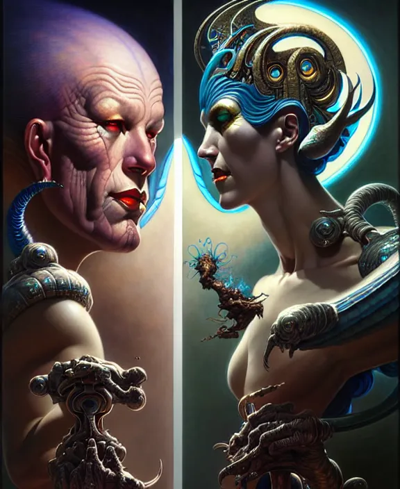 Image similar to beautiful gemini good and evil fantasy character portrait, ultra realistic, wide angle, intricate details, the fifth element artifacts, highly detailed by peter mohrbacher, hajime sorayama, wayne barlowe, boris vallejo, aaron horkey, gaston bussiere, craig mullins