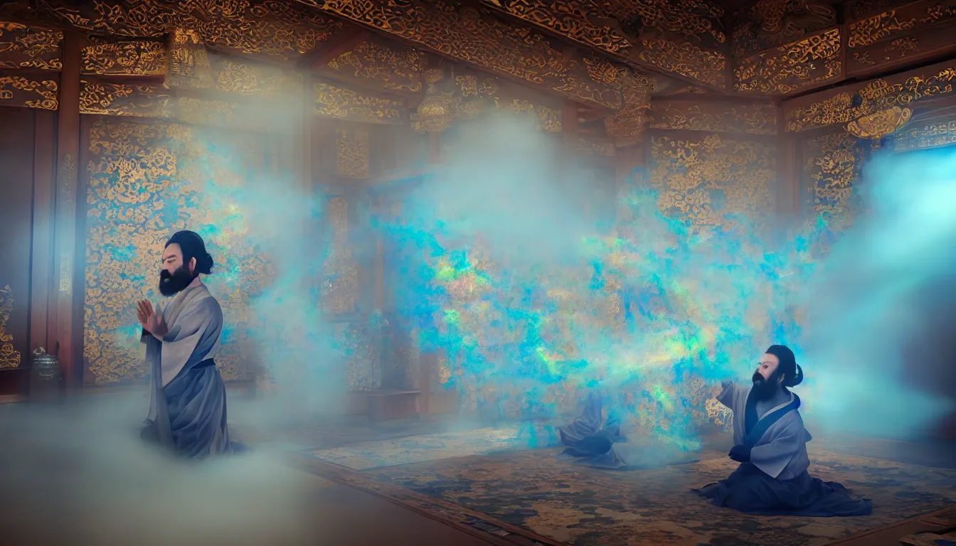 Image similar to feedback loop , burst of powders ,volumetric lighting, twisting vapour, bellowing dust ,flowing shimmering iridescent fabrics, emerging hands and an ancient male bearded face , inside a huge traditional Japanese Royal ornate temple , full colour , upscale , 4k