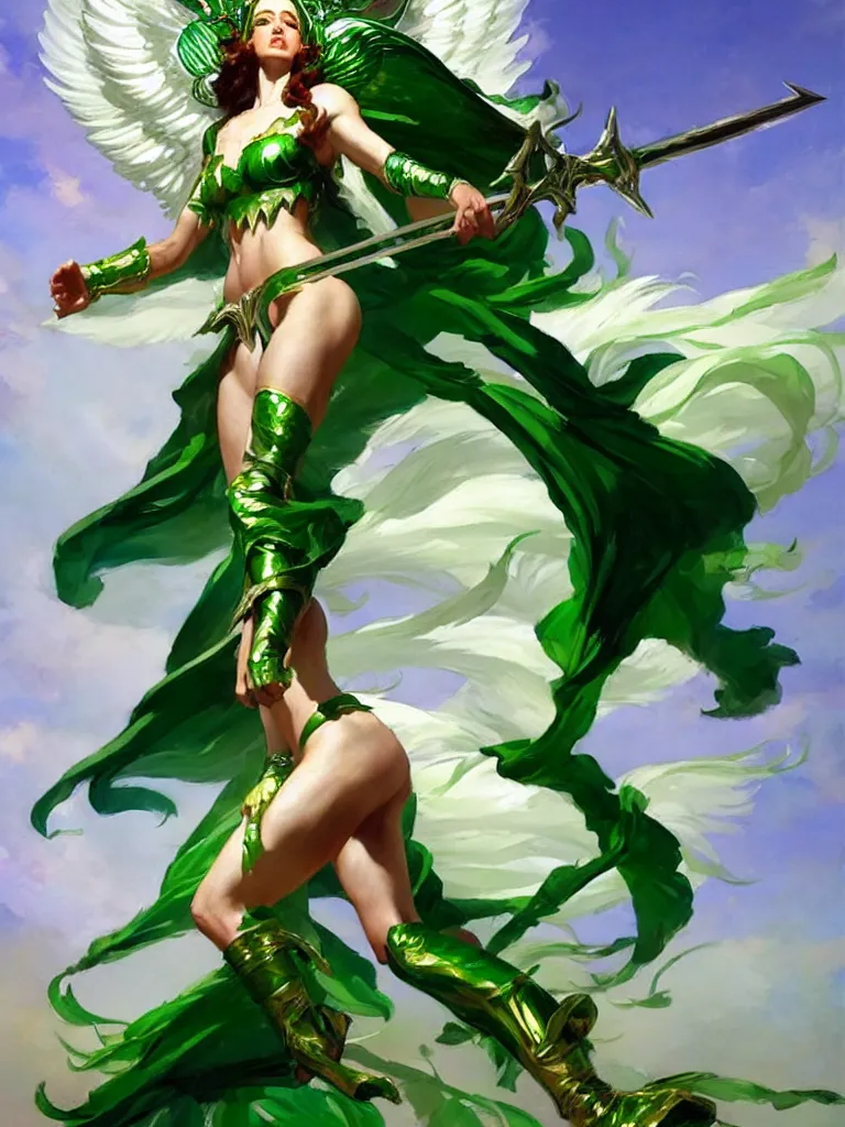 Image similar to greg manchess painting of a goddess of hunt wearing shiny mythical green clothes, green and white long hair, long wings, large angelic sword, soft lighting, single character art, trending on artstation, by huang guangjian and gil elvgren and sachin teng