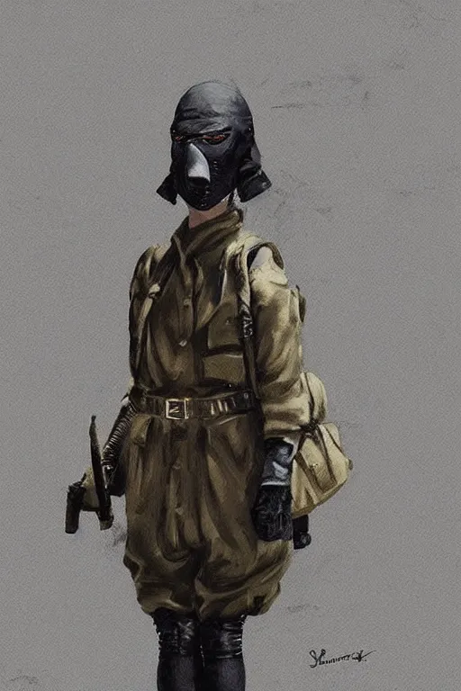 Image similar to ww 1 british sas female masked operative with the standard black uniform and a white porcelain crow mask, artstation, trending on artstation, establishing shot, by simon stalenhag