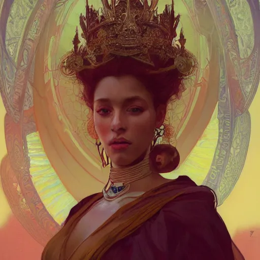 Prompt: a Portrait of A queen whose body is transparent and whose body radiates holy light by greg rutkowski and alphonse mucha and wlop,In style of digital art illustration.hyper detailed,smooth, sharp focus,trending on artstation,4k