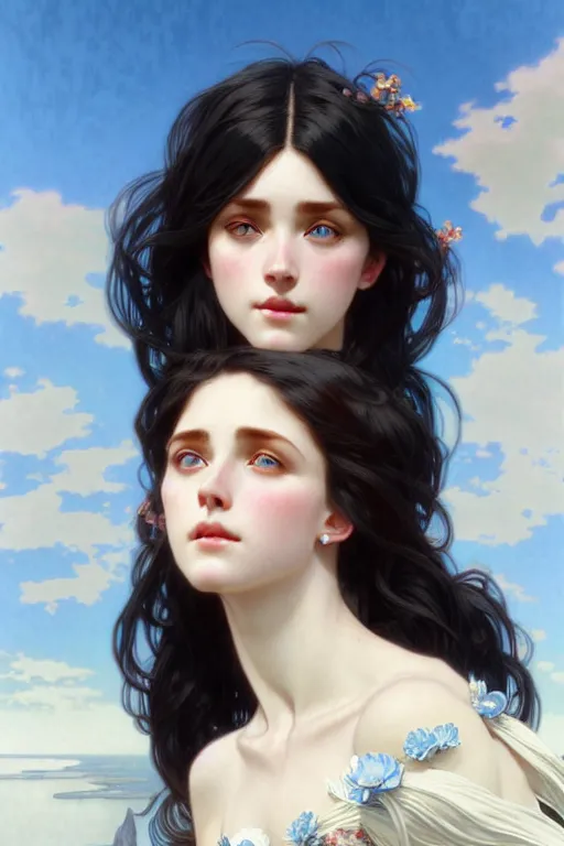 Prompt: ultra realistic, Beautiful black haired woman, Porcelain white complexion, big blue eyes, wearing dress blowing in the wind, detailed background, intricate details, highly detailed, octane render, 8k, art by artgerm and alphonse mucha and greg rutkowski