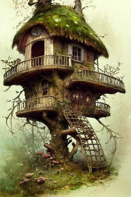 Prompt: (((((1950s fairy tale cottage tree house . muted colors.))))) by Jean-Baptiste Monge !!!!!!!!!!!!!!!!!!!!!!!!!!!