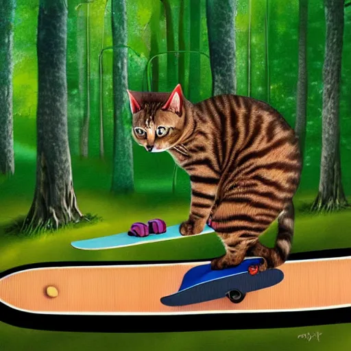 Image similar to a cat riding a skateboard in a forest, digital art