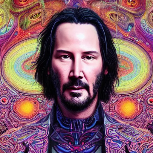 Image similar to portrait of keanu reeves, hyper detailed masterpiece, neon floral pattern, jean giraud, digital art painting, darkwave goth aesthetic, psychedelic, artgerm, donato giancola and tom bagshaw