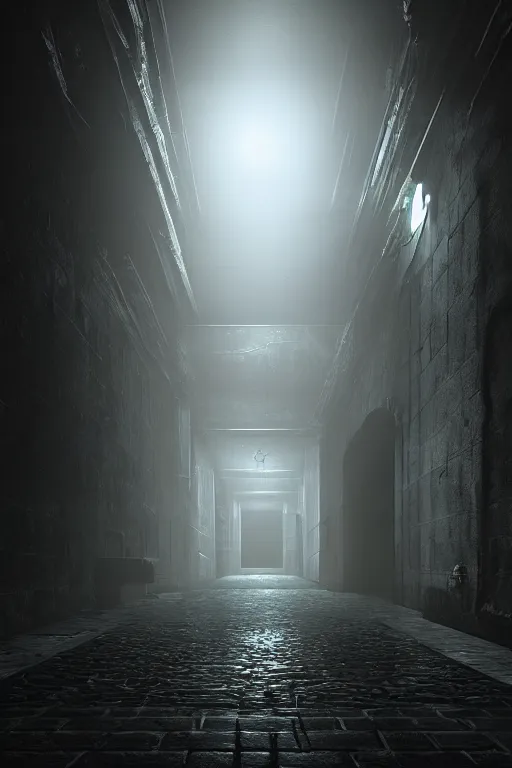 Prompt: pitch black hallways and corridors like a giant body, dark, moody, hyper-realistic environment,Epic concept art. bokeh, Octane render and Unreal Engine