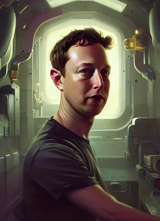 Image similar to Highly detailed portrait of Elon musk mixed with Mark zuckerberg, Stephen Bliss, unreal engine, fantasy art by Greg Rutkowski, Loish, Rhads, ferdinand knab, Makoto Shinkai and Lois van baarle, ilya kuvshinov, rossdraws, Tom Bagshaw, alphonse mucha, global illumination, radiant light, detailed and intricate environment