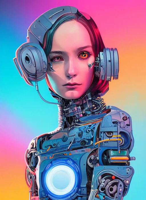 Image similar to portrait of a cyborg humanoid girl with mechanical and electronic element, denim jacket surrounded by neon light, Michael Whelan and Tristan Eaton, highly detailed, trending on artstation