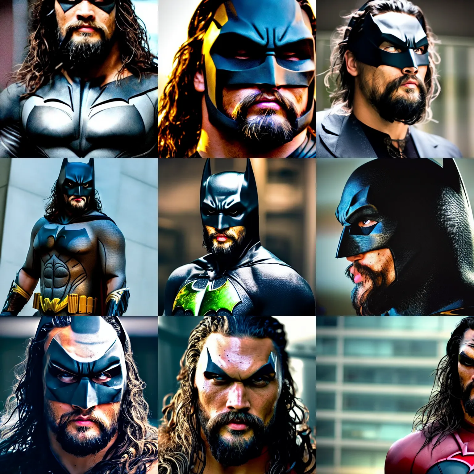 Prompt: jason momoa wearing batman mask suit very realistic! bokeh cinematic medium shot close up from the avengers