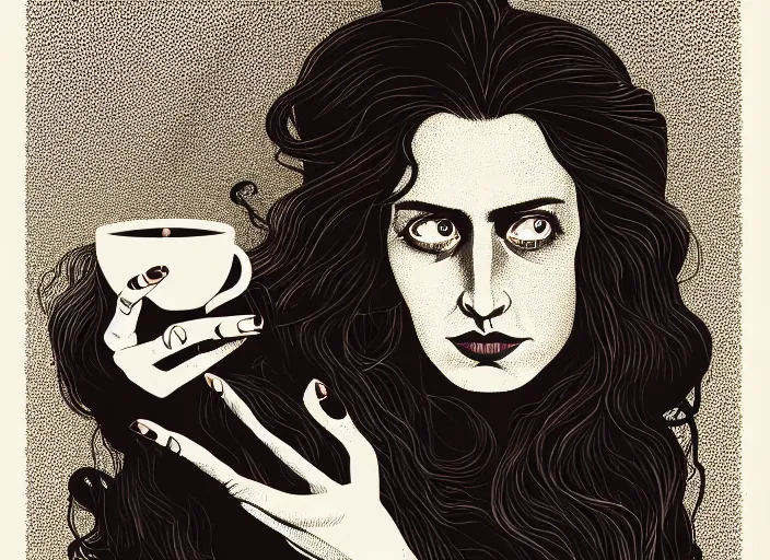 Image similar to portrait of a long haired heroine drinking coffee,vivid, Mads Berg, Karolis Strautniekas, dramatic lighting,film grain, editorial illustration, detailed, gradation, dynamic composition,moody, cinematic,extreme perspective,bright colors, art deco illustration, stippled shading, risograph