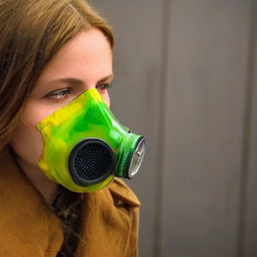 Prompt: i could see her luscious red lips visible through the translucent green gas mask as the yellow sulphur gas swirled around her.