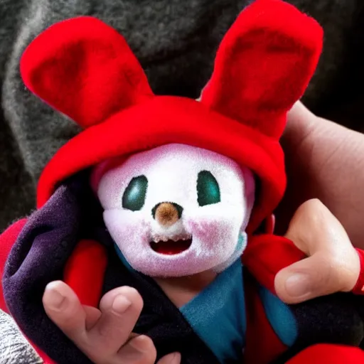 Prompt: a beanie baby too scary to be given to children