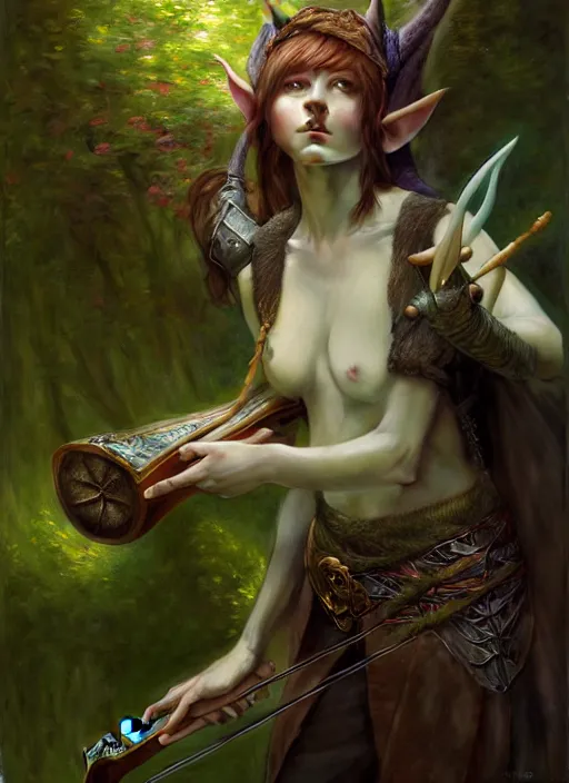 Image similar to forest elf bard playing lute, full body, hyper realistic, extremely detailed, dnd character art portrait, dark fantasy art, intricate fantasy painting, dramatic lighting, vivid colors, deviantart, artstation, by edgar maxence and krenz cushart and artem demura and john williams waterhouse