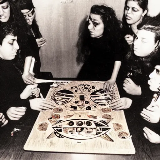 Image similar to Romani Prodi summoning spirits with an Ouija board