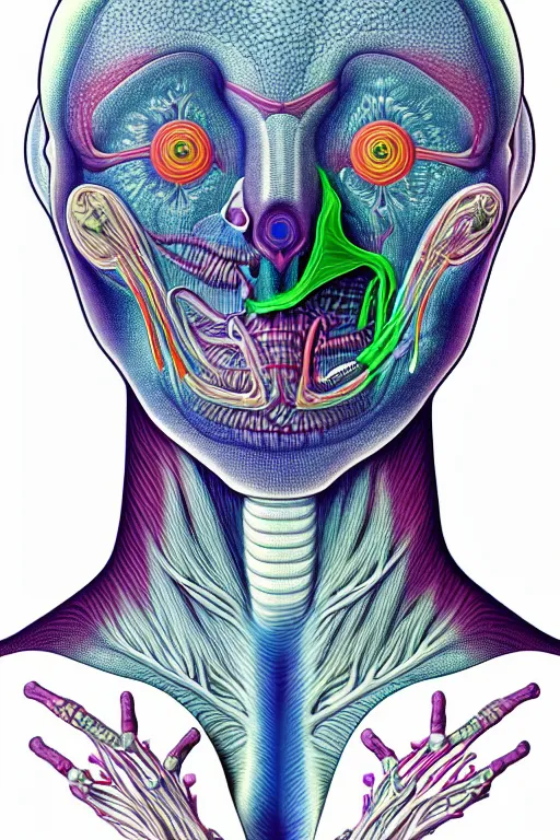 Image similar to psychedelic anatomically accurate labeled medical diagram of alien animal, intricate parts, fine details, hyper realistic, elegant minimalism, by seichen, surreal