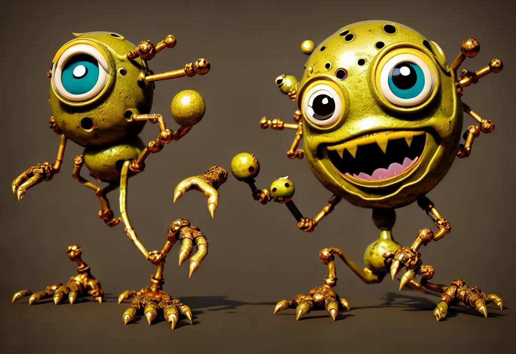 Image similar to , grotesque despair cute monster smooth paneling, one large gold eye intricate detail, style of pokemon, with damaged rusty arms, broken antenna, recycled, floating, white studio, oil, mechanical, toy, ambient light, in the style of pixar animation, pokedstudios, blender, octane render, 8 k, gediminas pranckevicius