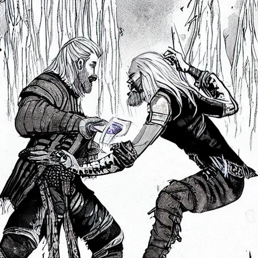 Prompt: A witch sucks out magic out of Geralt who is on his knees, photorealistic