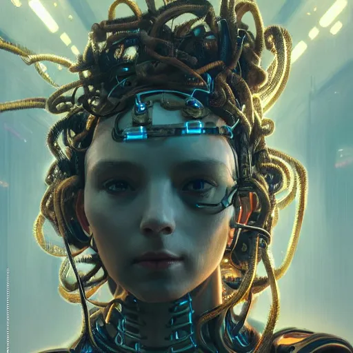 Image similar to portrait of Medusa with vr headset, cyberpunk, cables on the head, futuristic hi-tech details, ominous, intricate, art by anthony macbain + greg rutkowski + alphonse mucha, concept art, 4k, sharp focus, cinematic unreal engine