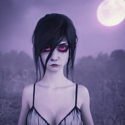 Image similar to full shot portrait of angry darkness anime girl at moonlight, gothic wearing, worrying eyes, inspired by Tim Burton, detailed, unreal engine 4k volumetric light, fog,