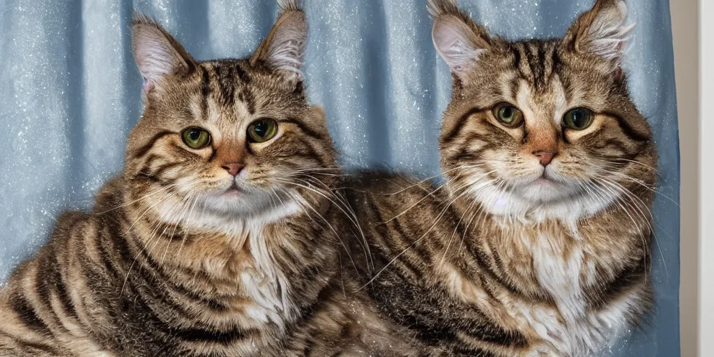 Image similar to shower curtain product catalog. wide - angle photo. on the curtain is an oil painting of a fluffy tabby cat with a towel wrapped around its head, product photography of a shower curtain, product lighting. 4 k, highly detailed. saturated.