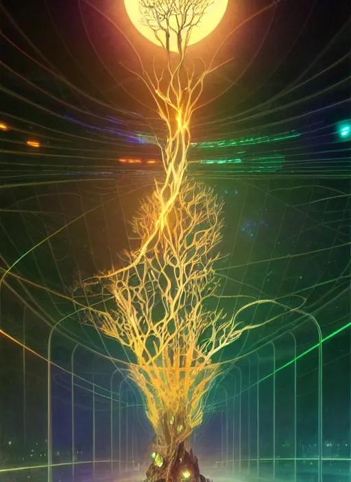 Image similar to high depth, collective civilization tree, calm, healing, resting, life, hybrids, scifi, glowing lights!!, published concept art, mixed medias, image overlays, sharp focus, thin glowing wires, winning illustration, art by greg rutkowski and alphonse mucha, singularity!!!, 3 6 0 projection