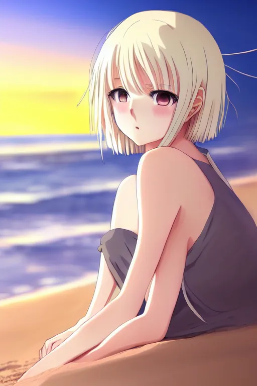 Prompt: anime art full body portrait character concept art, anime key visual of elegant young female, platinum blonde straight bangs and large eyes, finely detailed perfect face delicate features directed gaze, laying down in the sand at sunset at a beach trending on pixiv fanbox, studio ghibli, extremely high quality artwork