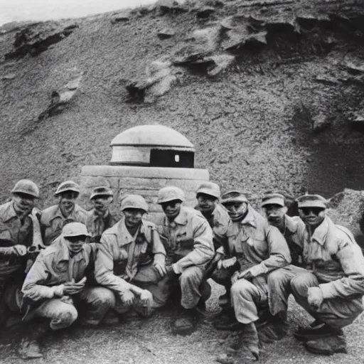 Image similar to group of soldiers posing by the dead body of an alien, 1 9 4 7, black and white