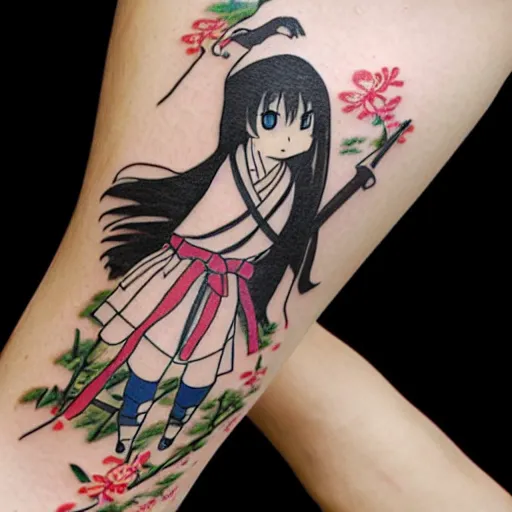 Prompt: Shoujo ai manga style japanese ninja schoolgirl by Hayao Miyazaki, studio ghibli, sakura festival, tattoo on upper arm