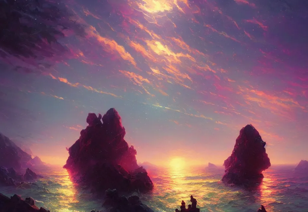 Prompt: a!! dnd dice!! with galaxy!! colors!! over a sea at sunset by greg rutkowski and thomas kinkade, trending on artstation.