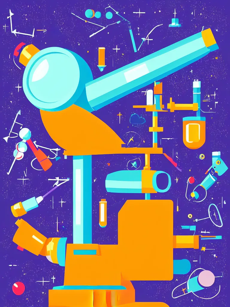 Image similar to editorial illustration scientific lab test tube telescope microscope spaceship, colorful modern, mads berg