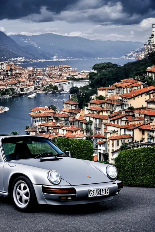 Prompt: Photo of a silver Porsche 911 Carrera 3.2, Lake Como in the background, daylight, dramatic lighting, award winning, highly detailed, 1980s Versace ad, fine art print, best selling.