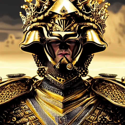 Image similar to Hyper-realistic portrait of the King of the Desert, Warrior at war, battle field, Gold Armour and Crown, Sword, handsome attractive face, attractive young man, beautiful face, photo realistic, dramatic lighting, majestic, trending on artstation, elegant, intricate, highly detailed, digital painting, concept art, sharp focus, illustration, art by artgerm and greg rutkowski and alphonse mucha