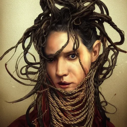 Image similar to portrait of a Shibari rope wrapped face and neck, headshot, insanely nice professional hair style, dramatic hair color, digital painting, of a old 17th century, old cyborg merchant, amber jewels, baroque, ornate clothing, scifi, realistic, hyperdetailed, chiaroscuro, concept art, art by Franz Hals and Jon Foster and Ayami Kojima and Amano and Karol Bak,