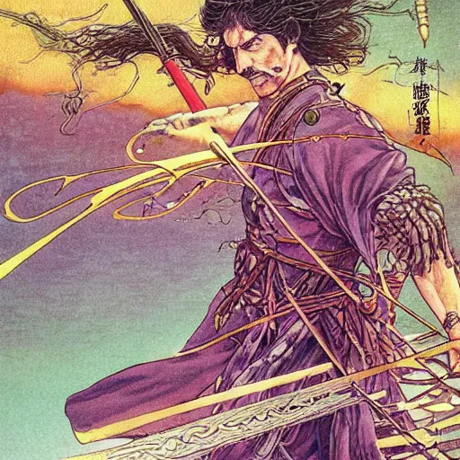 Image similar to Frank Zappa golden Vagabond magic swordsman glides through a beautiful battlefield magic the gathering dramatic esoteric pen and ink illustrated in high detail by Hiroya Oku, Moebius, and Tatsuki Fujimoto shonen jump 2077