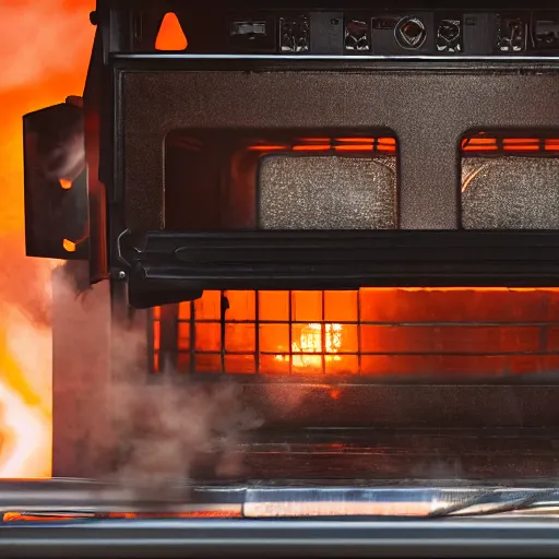 Image similar to head of toaster oven mecha, dark messy smoke - filled cluttered workshop, dark, dramatic lighting, orange tint, cinematic, highly detailed, sci - fi, futuristic, movie still