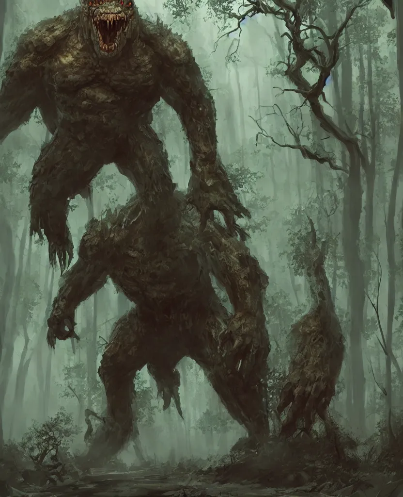Prompt: a giant monster in the middle of a forest, concept art by max svabinsky, cgsociety contest winner, altermodern, concept art, apocalypse art, artstation hq