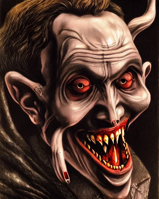 Image similar to dracula telling jokes, character portrait, close up, concept art, intricate details, highly detailed, photorealism, hyperrealism in the style of otto dix and h. r giger