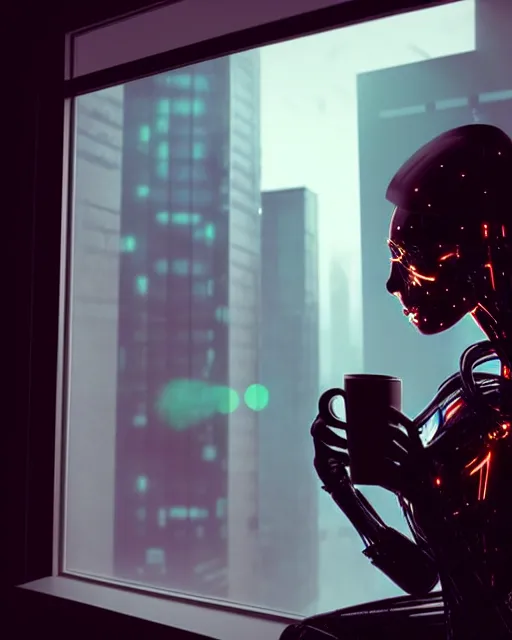 Image similar to a terminator cyborg lady with borg implants and a young human face is drinking coffee near a window with dystopian city visible outside. tiny green led lights in her cybernetics. very detailed 8 k. horror cyberpunk style.