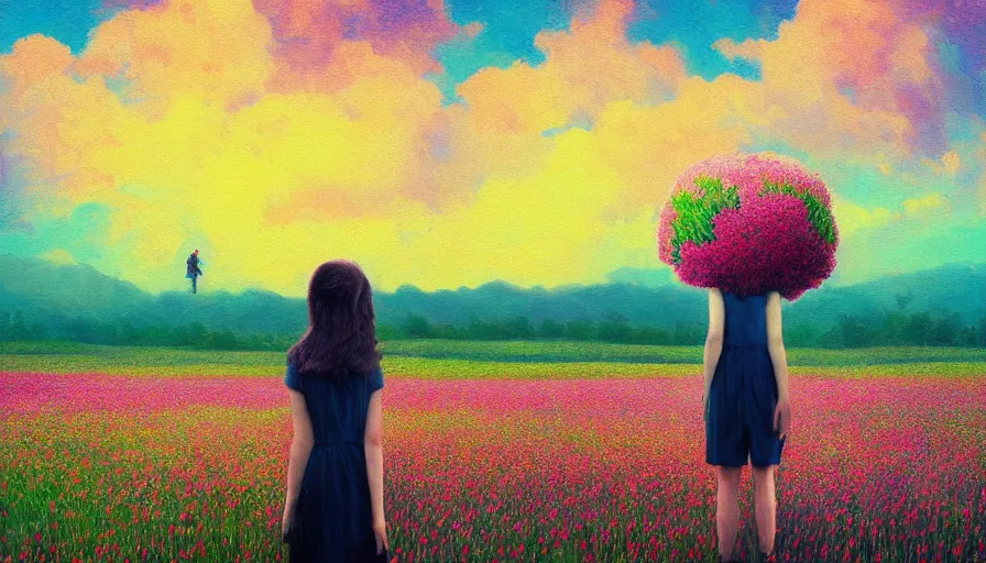 Image similar to girl with a large flower instead of face, surreal photography, dream, standing in flower field, hills, big trees, sunrise dramatic light, impressionist painting, colorful clouds, digital painting, pointillism, artstation, simon stalenhag, flower face